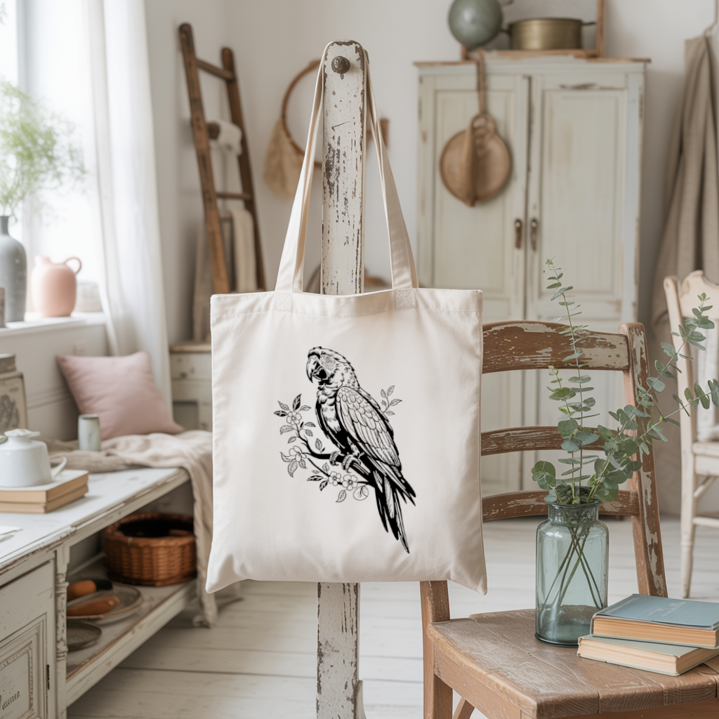 Tote bag femme avec illustration d’un perroquet flocage noir suspendu - MARJANE et Cie