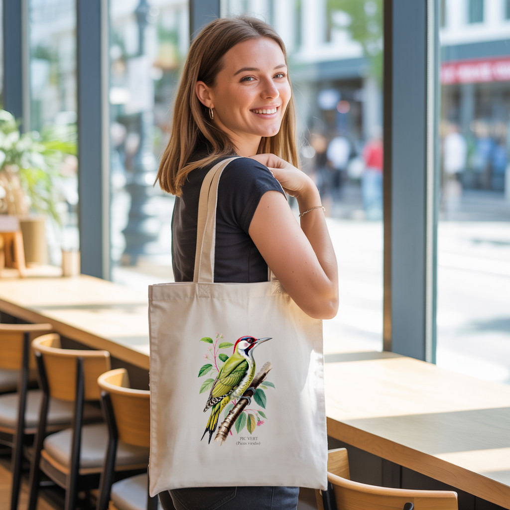 Tote bag femme illustré d’un oiseau pic vert en couleur porté par une femme - illustration naturaliste détaillée - MARJANE et Cie