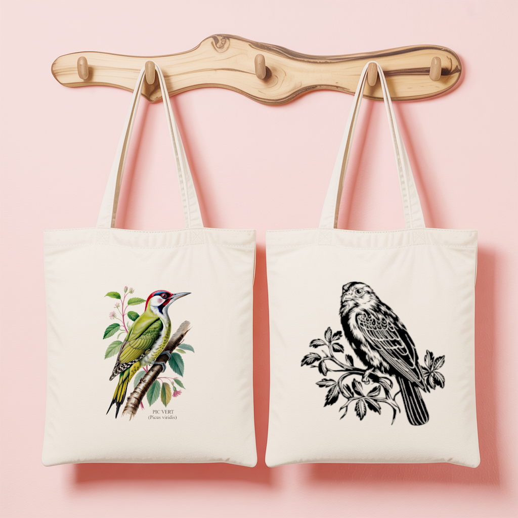 Tote bag femme avec illustration naturaliste d’un pic vert et verso perroquet en flocage monochrome – MARJANE et Cie