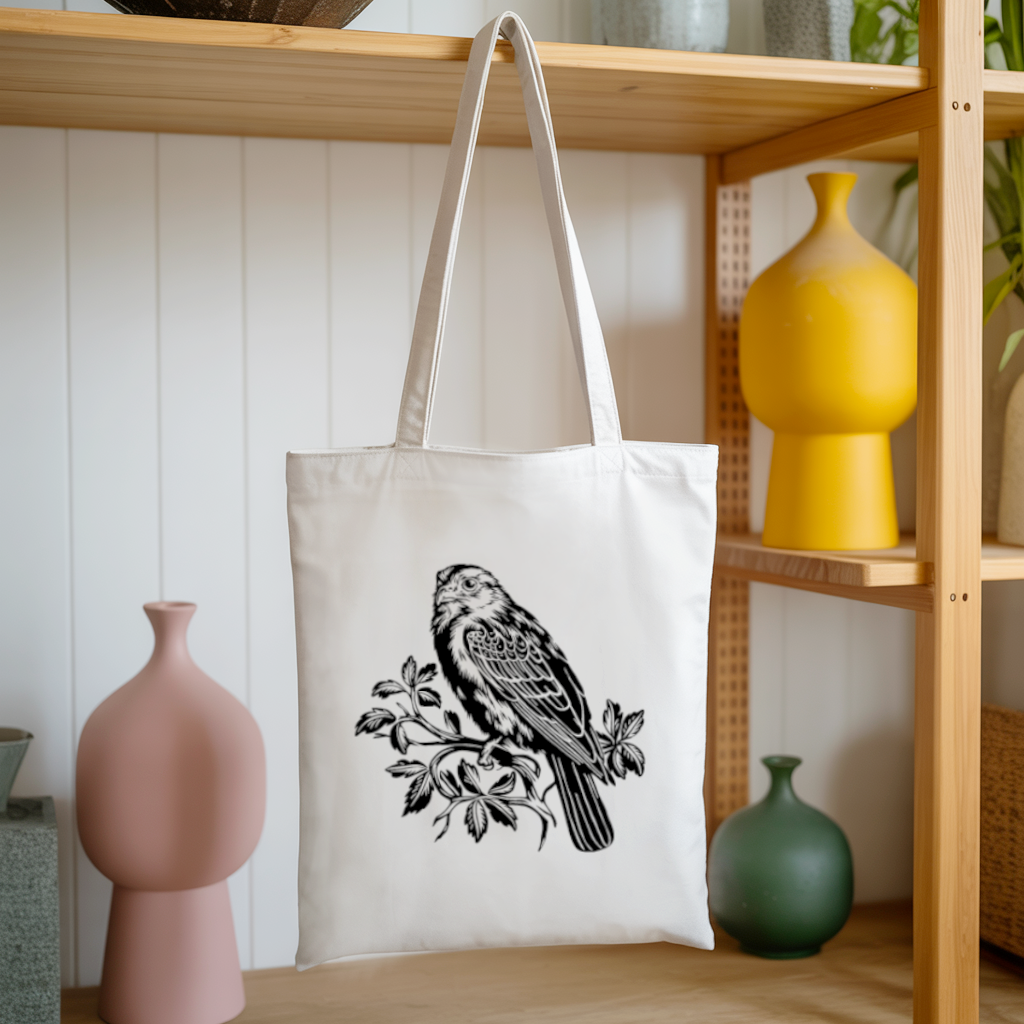 Tote bag femme verso avec illustration d’un oiseau monochrome noir suspendu - MARJANE et Cie