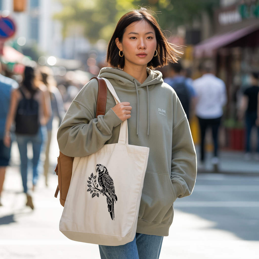 Tote bag femme avec illustration d’un oiseau quetzal monochrome porté par une femme - MARJANE et Cie