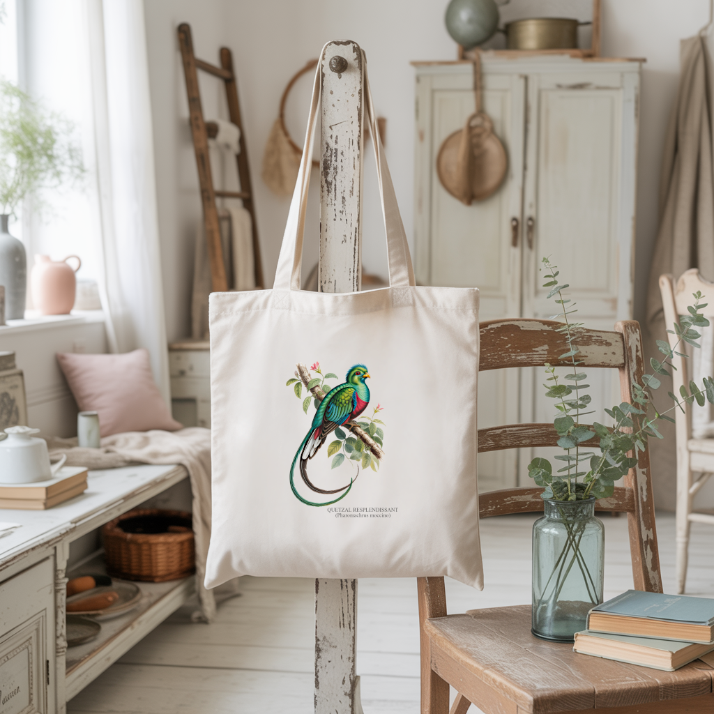 Tote bag femme recto avec illustration couleur d’un oiseau quetzal suspendu - style inspiré des planches d’ornithologues - MARJANE et Cie