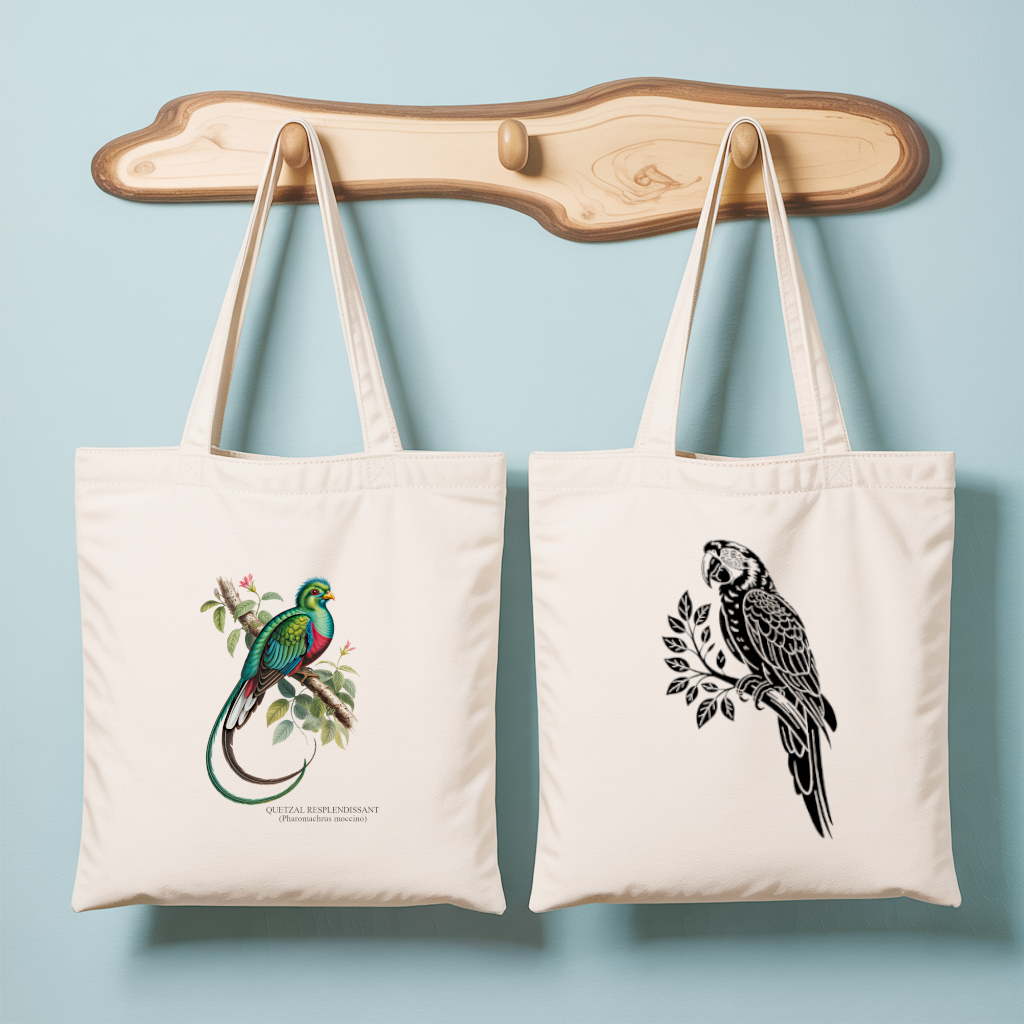 Tote bag femme avec illustration naturaliste dun oiseau quetzal et verso perroquet en dessin monochrome – MARJANE et Cie