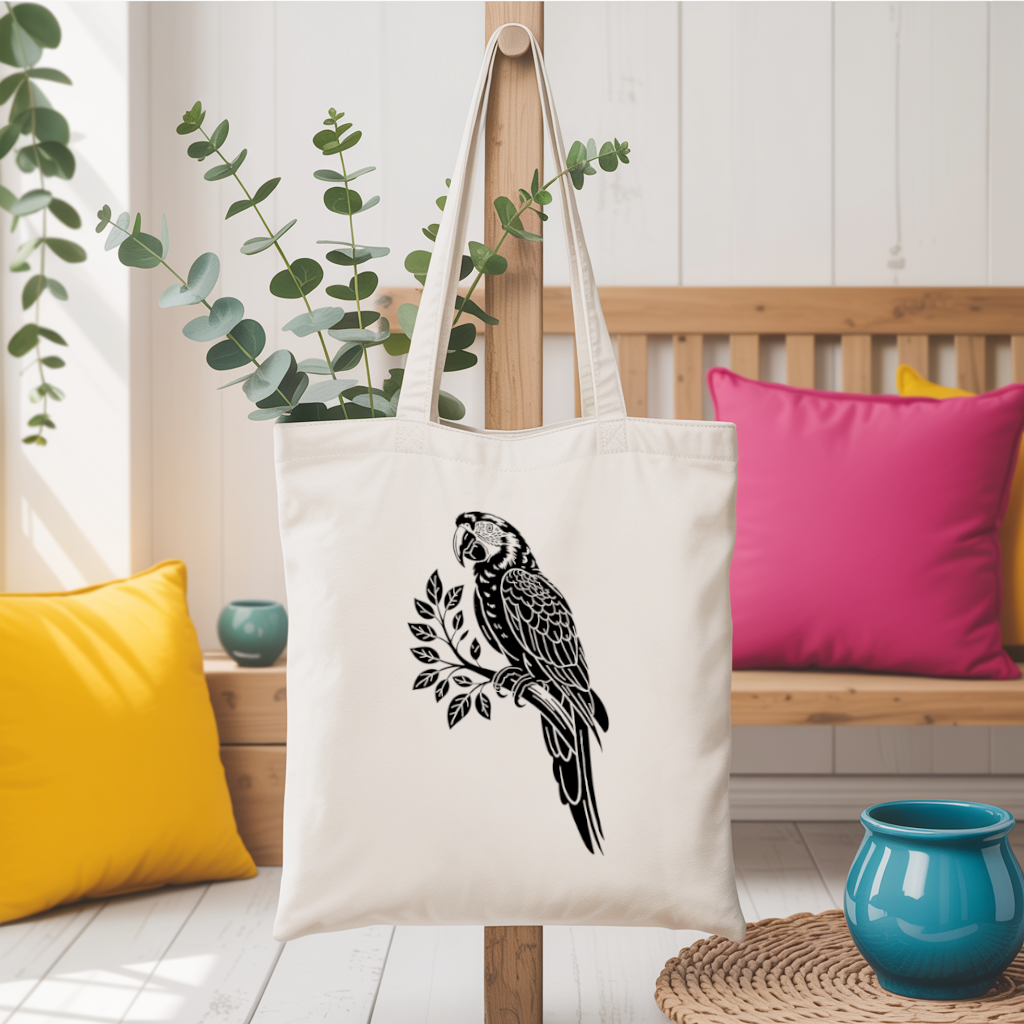 Tote bag femme verso avec illustration d’un perroquet flocage noir suspendu - dessin fin et élégant - MARJANE et Cie
