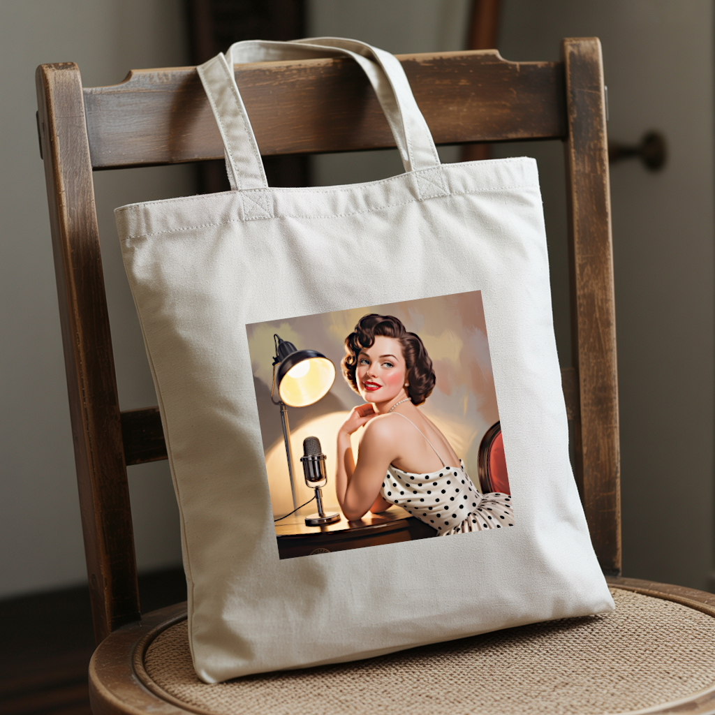 Tote bag femme vintage avec femme en robe à pois, posé sur une chaise - MARJANE et Cie