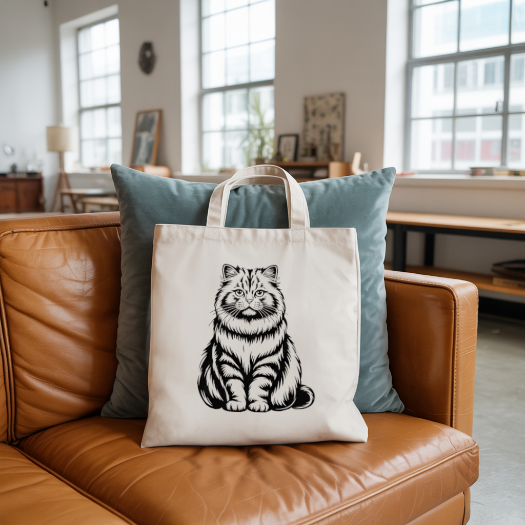 Tote bag chat femme flocage monochrome noir posé sur un canapé – regard intense  - MARJANE et Cie