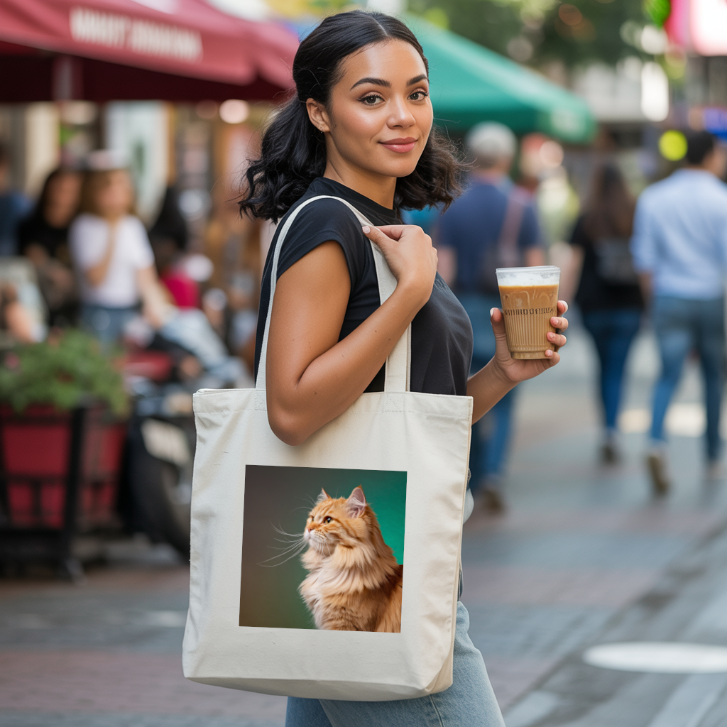 Tote bag chat femme porté par une femme au style affirmé - illustration colorée recto - MARJANE et Cie