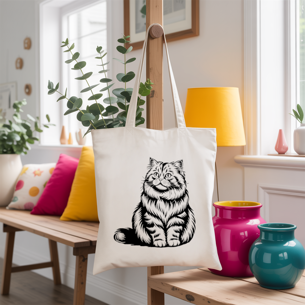Tote bag chat femme verso monochrome suspendu à un porte-manteau - attitude calme et assurée – MARJANE et Cie