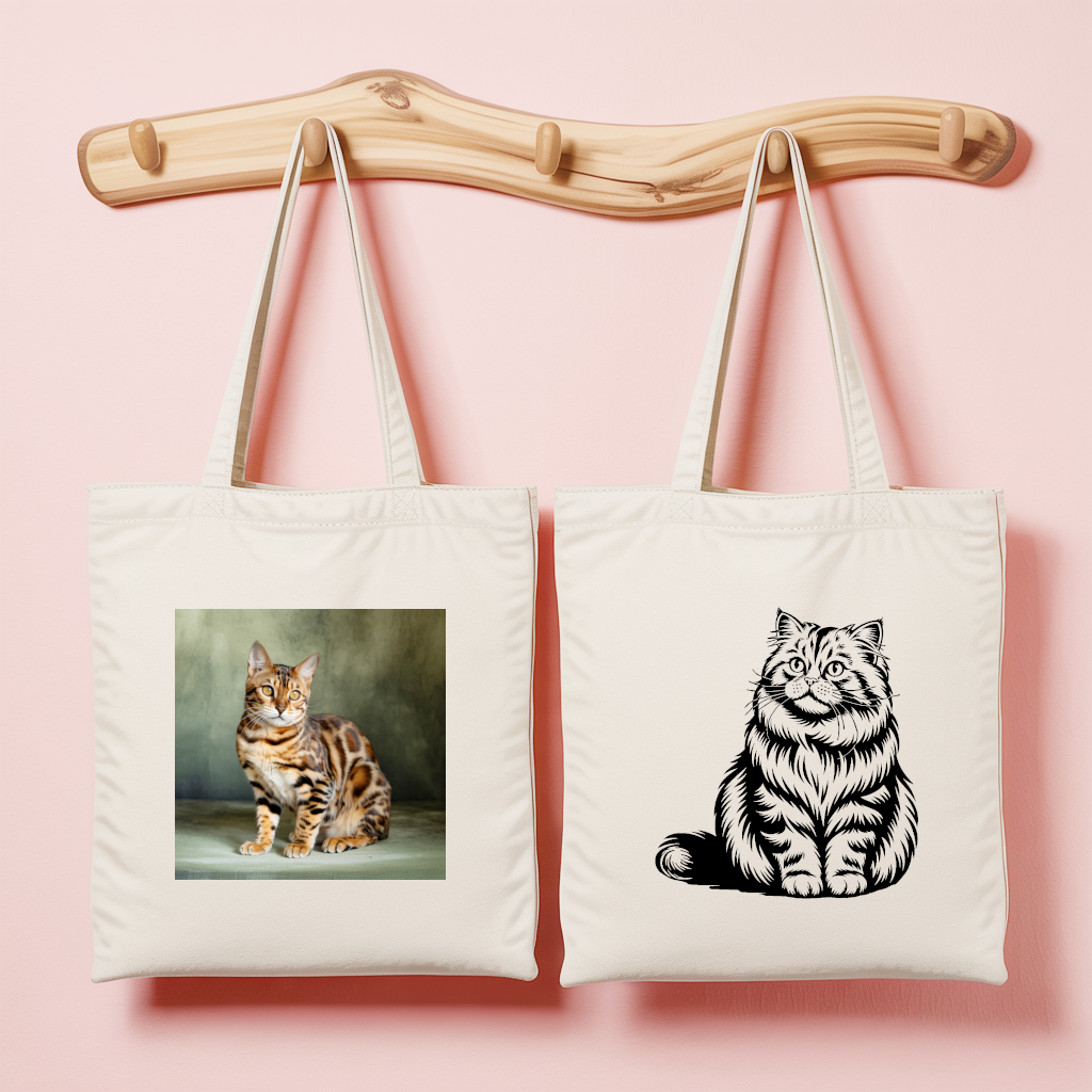Tote bag femme avec illustration de chat Bengal en couleur et verso chat monochrome élégant – MARJANE et Cie