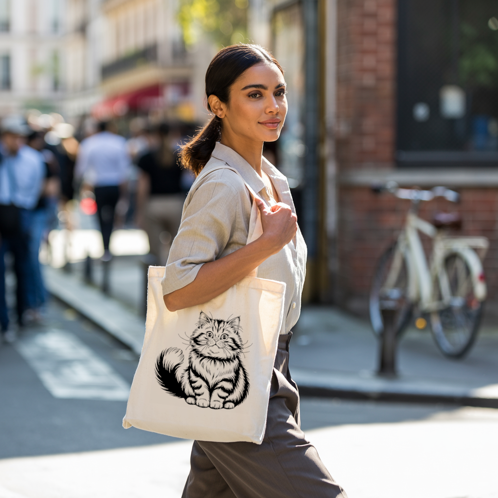 Tote bag chat femme porté par une femme au style affirmé – monochrome noir élégant - MARJANE et Cie