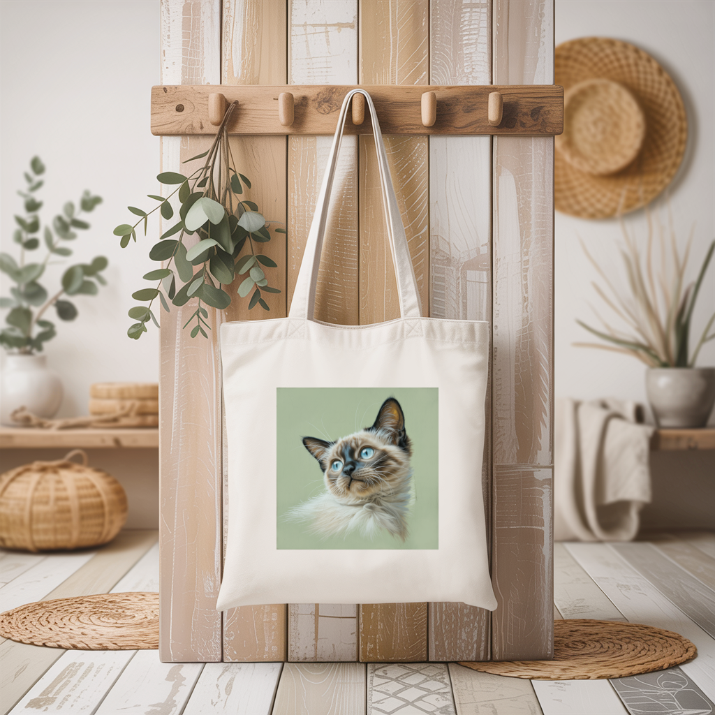 Tote bag chat femme impression en couleur suspendu à une patère – attitude calme et assurée - MARJANE et Cie