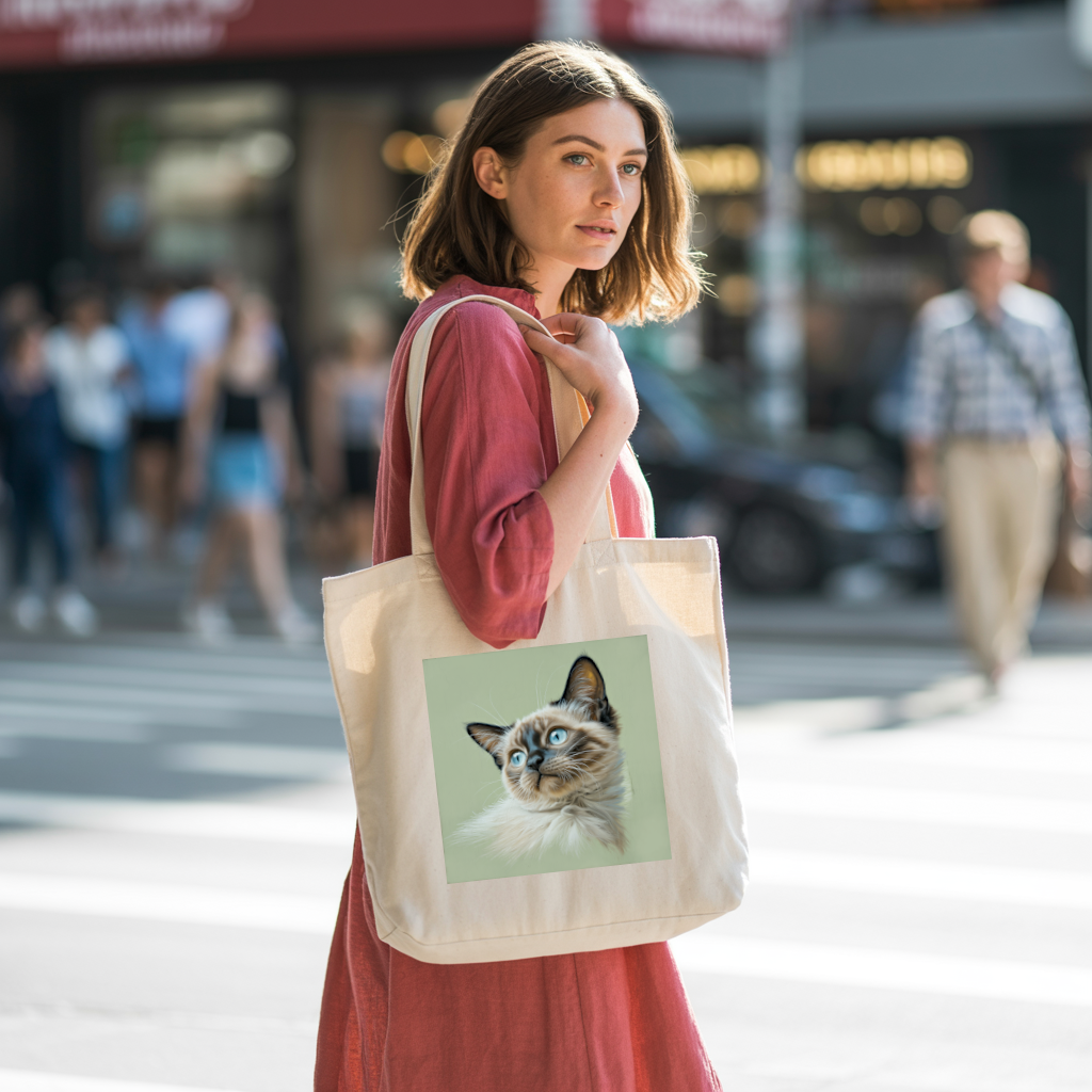 Tote bag chat femme porté par une femme déterminée - illustration en couleur recto - MARJANE et Cie