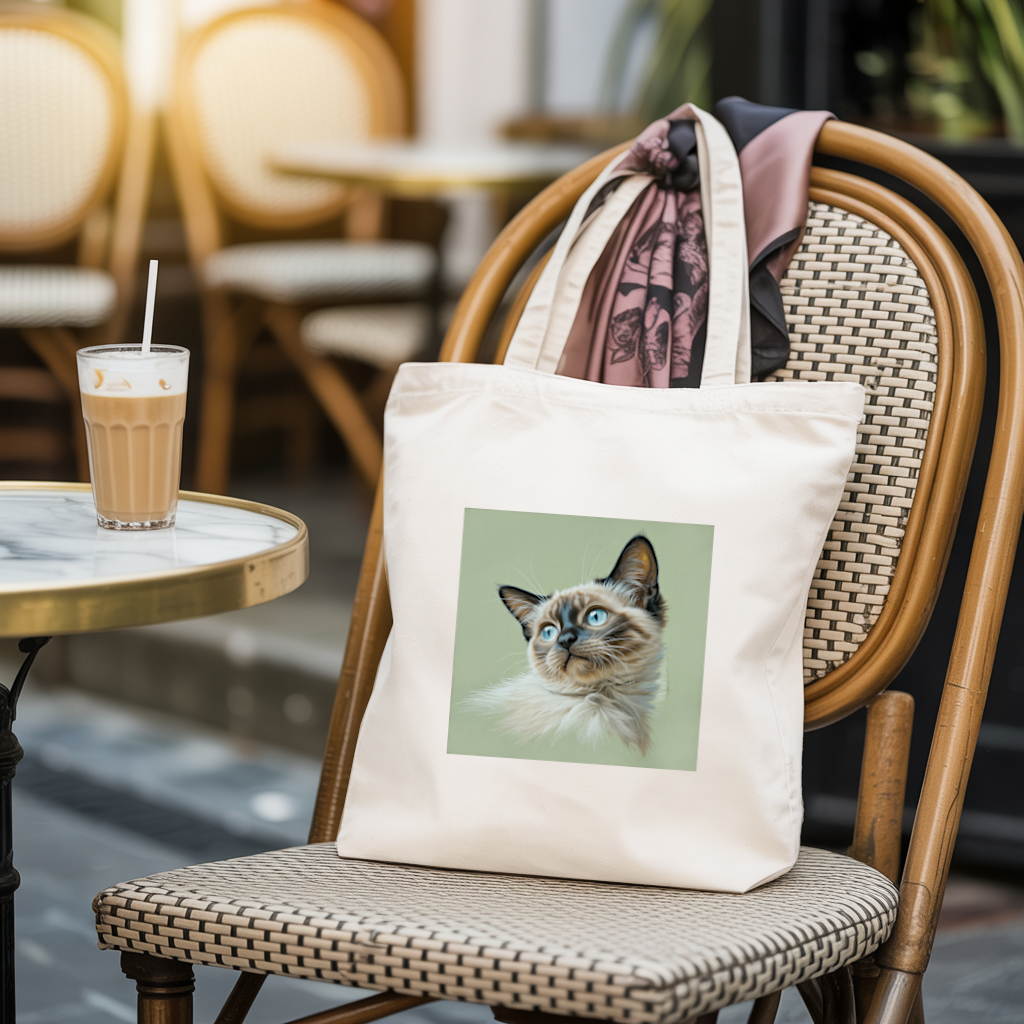 Tote bag chat femme illustration couleur adossé à une chaise – regard intense et profond - MARJANE et Cie