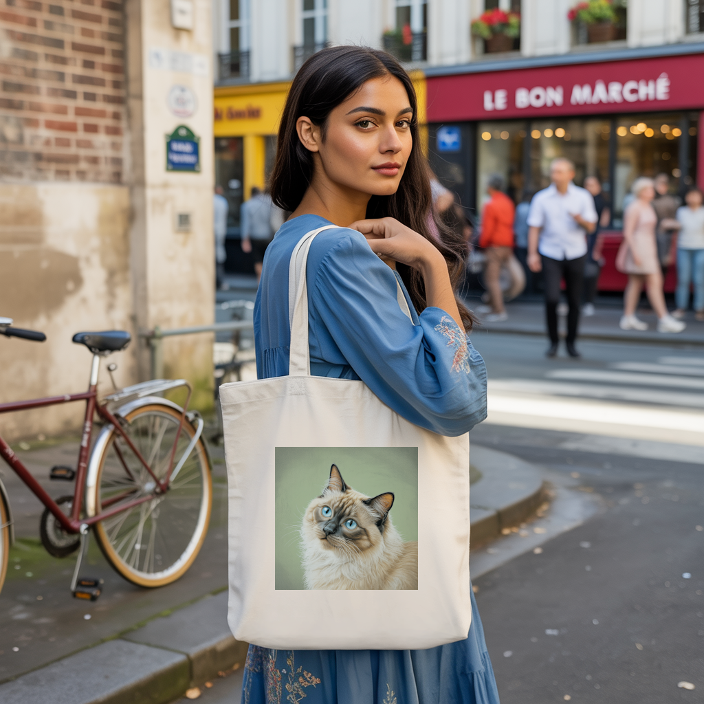 Tote bag chat femme porté au quotidien par une femme déterminée - illustration en couleur recto - MARJANE et Cie