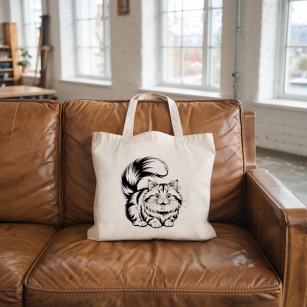 Tote bag chat femme flocage monochrome posé sur un canapé – posture humoristique - MARJANE et Cie