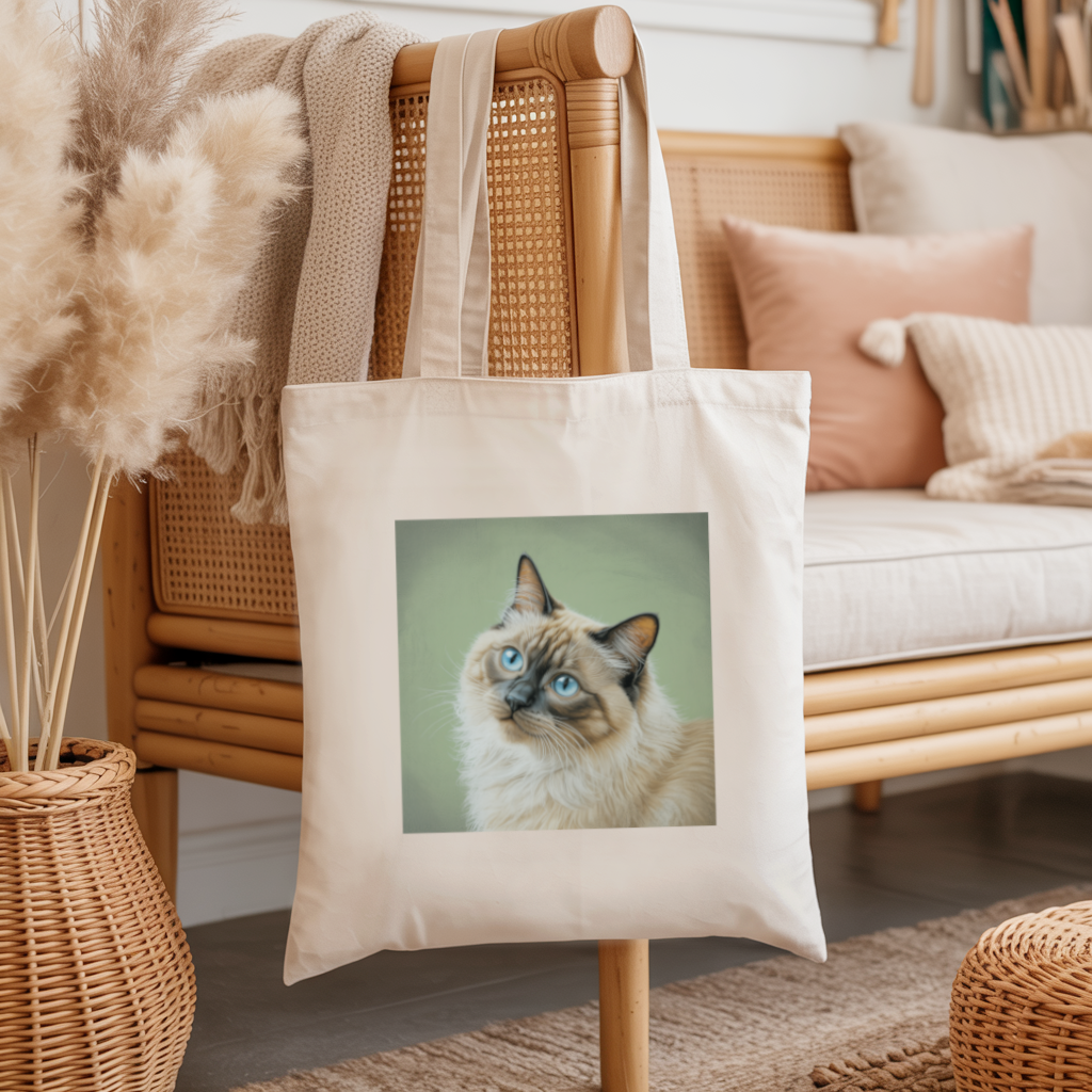 Tote bag chat femme illustration en couleur suspendu – regard bleu azur - MARJANE et Cie