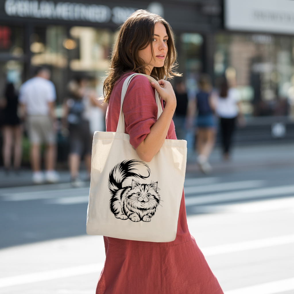 Tote bag chat femme porté par une femme avec du style – monochrome noir amusant - MARJANE et Cie