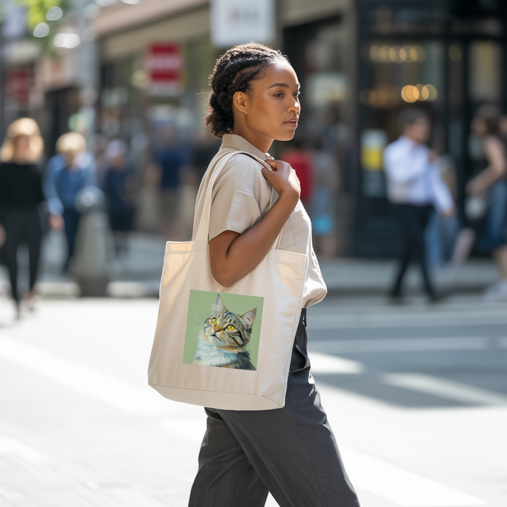 Tote bag chat femme mis en situation porté par une femme - illustration en couleur recto - MARJANE et Cie
