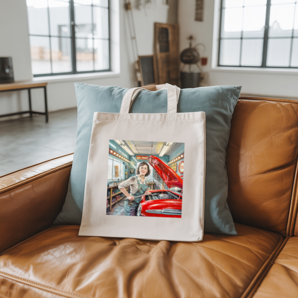 Tote bag femme Girl Power, femme mécanicienne fière devant une voiture - MARJANE et Cie
