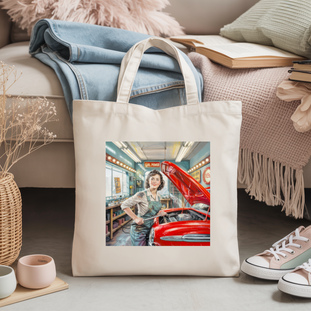 Tote bag femme Girl Power avec illustration d’une femme garagiste, posé dans un intérieur - MARJANE et Cie