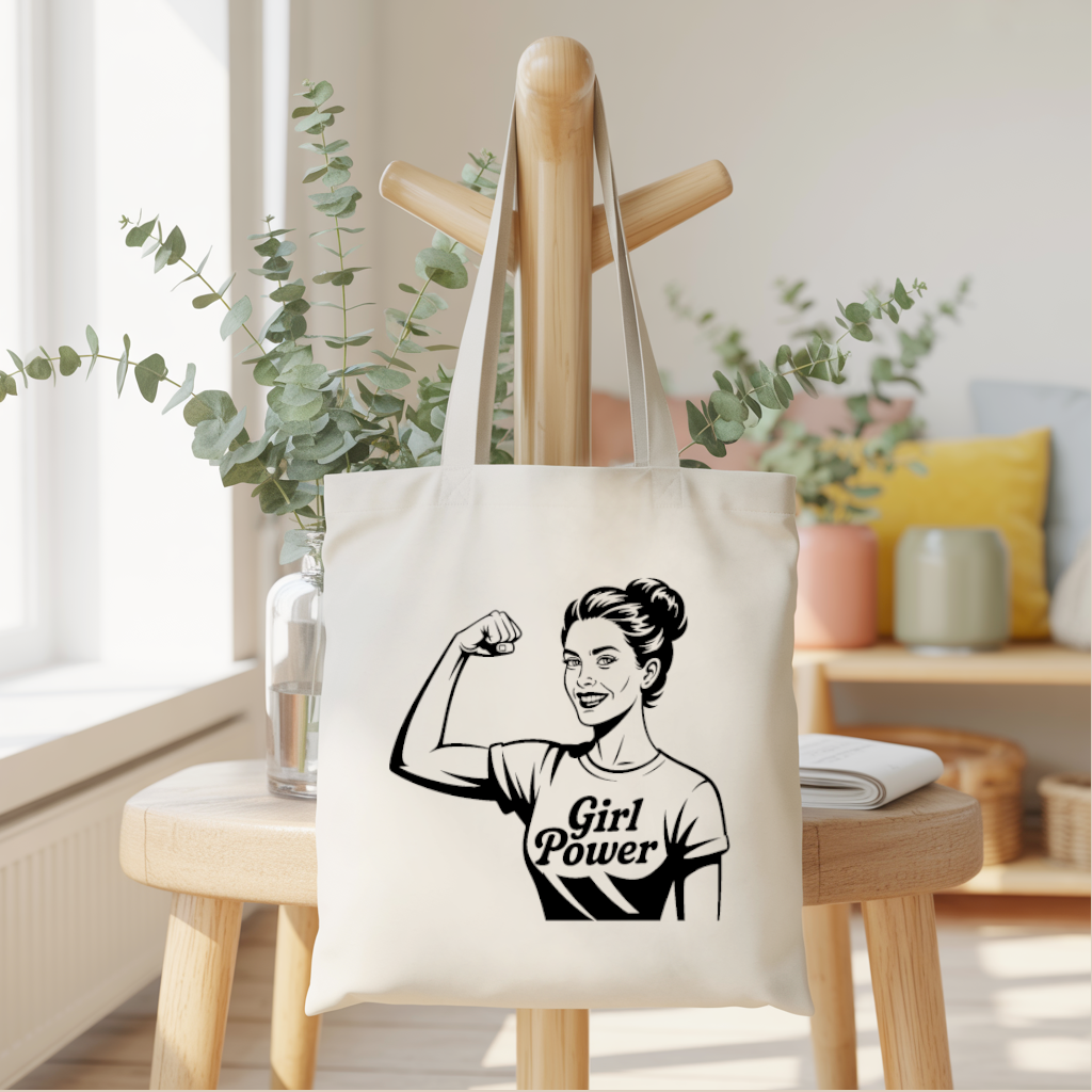 Tote bag femme avec message Girl Power en flocage noir et blanc suspendu - MARJANE et Cie