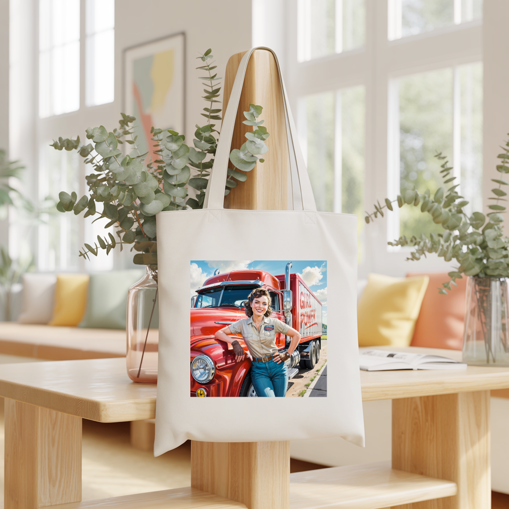 Tote bag femme Girl Power suspendu, femme routière devant son camion - MARJANE et Cie