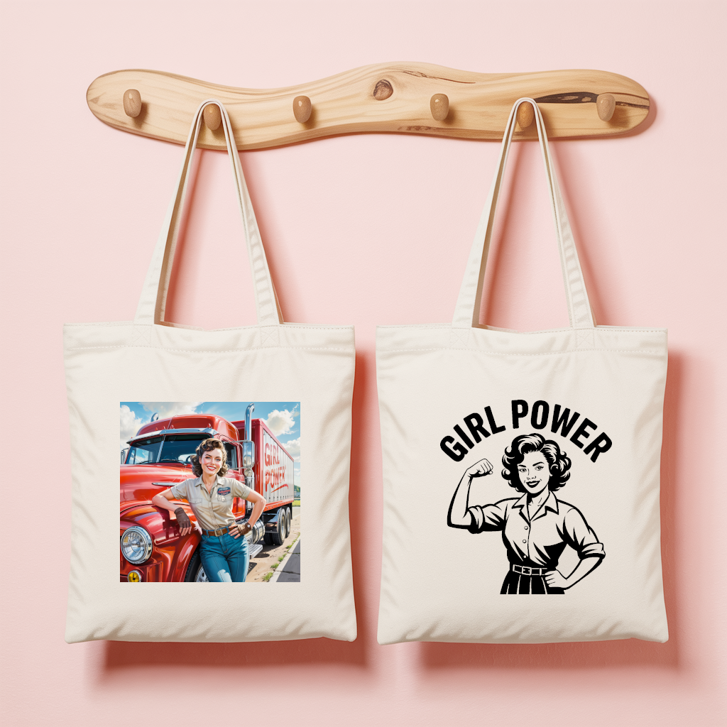 Tote bag femme Girl Power avec femme routière en couleur et message engagé en noir et blanc - MARJANE et Cie