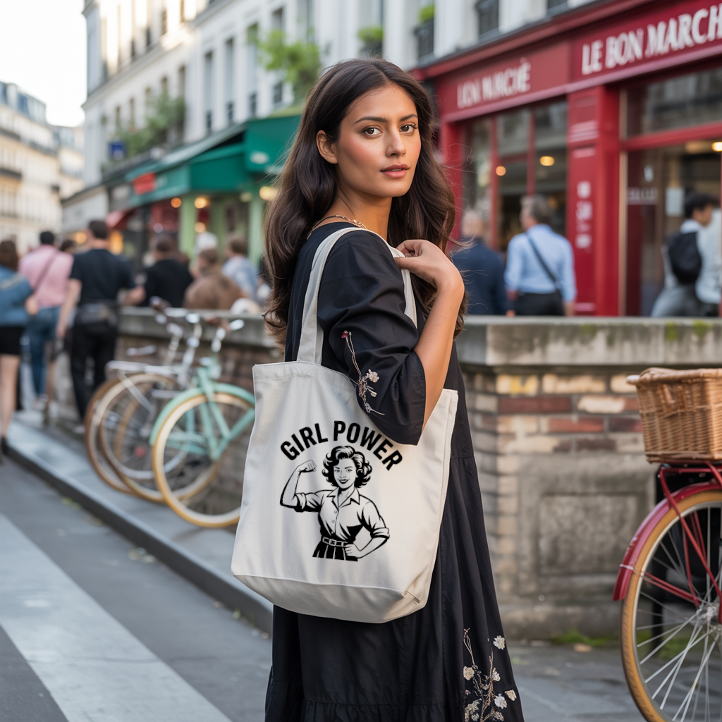 Tote bag femme Girl Power porté, message féminin et engagé, flocage - MARJANE et Cie