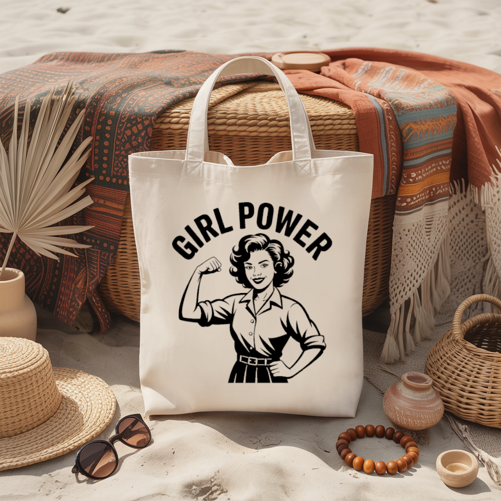 Tote bag femme avec message Girl Power en noir et blanc, flocage monochrome - MARJANE et Cie
