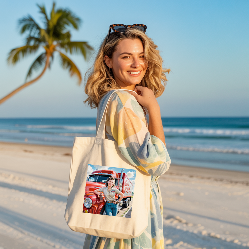 Tote bag femme Girl Power porté, illustration d’une femme routière souriante et déterminée - MARJANE et Cie