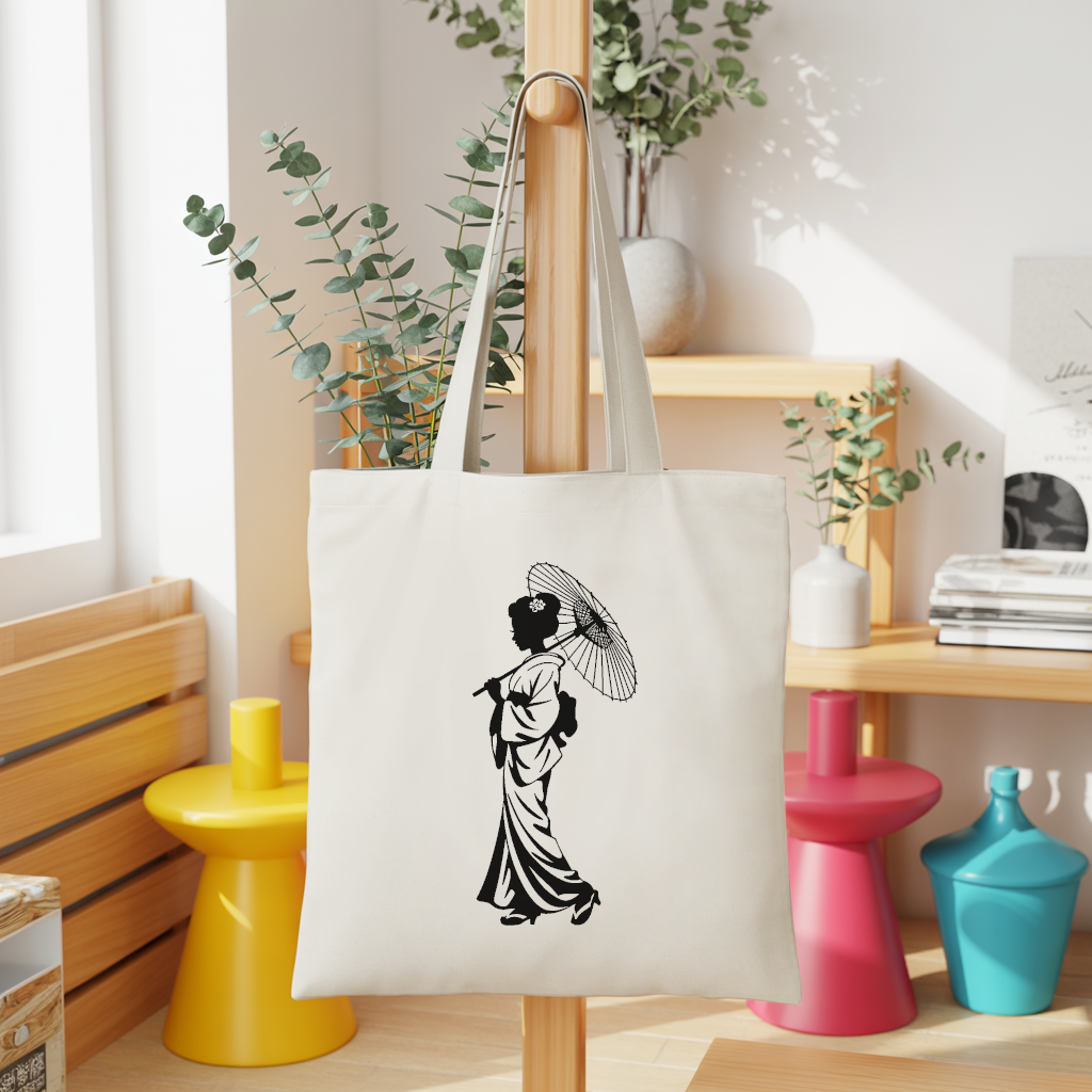 Tote bag femme inspiration japonaise suspendu, silhouette marchant avec ombrelle - MARJANE et Cie