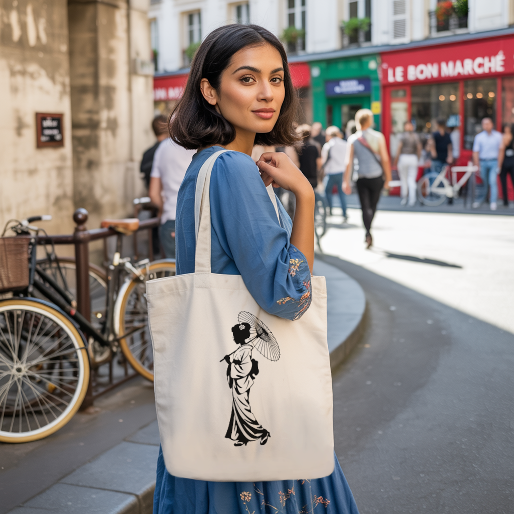 Tote bag femme porté, silhouette japonaise monochrome pleine de grâce, flocage noir - MARJANE et Cie