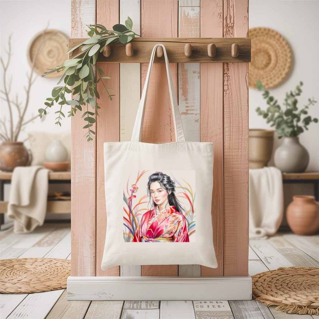 Tote bag femme inspiration japonaise suspendu, illustration raffinée en couleur - MARJANE et Cie