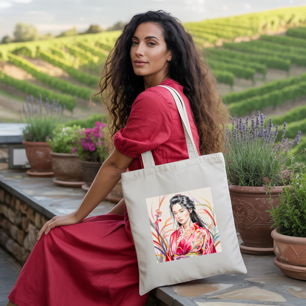 Tote bag femme porté, illustration japonaise traditionnelle aux tons élégants - MARJANE et Cie