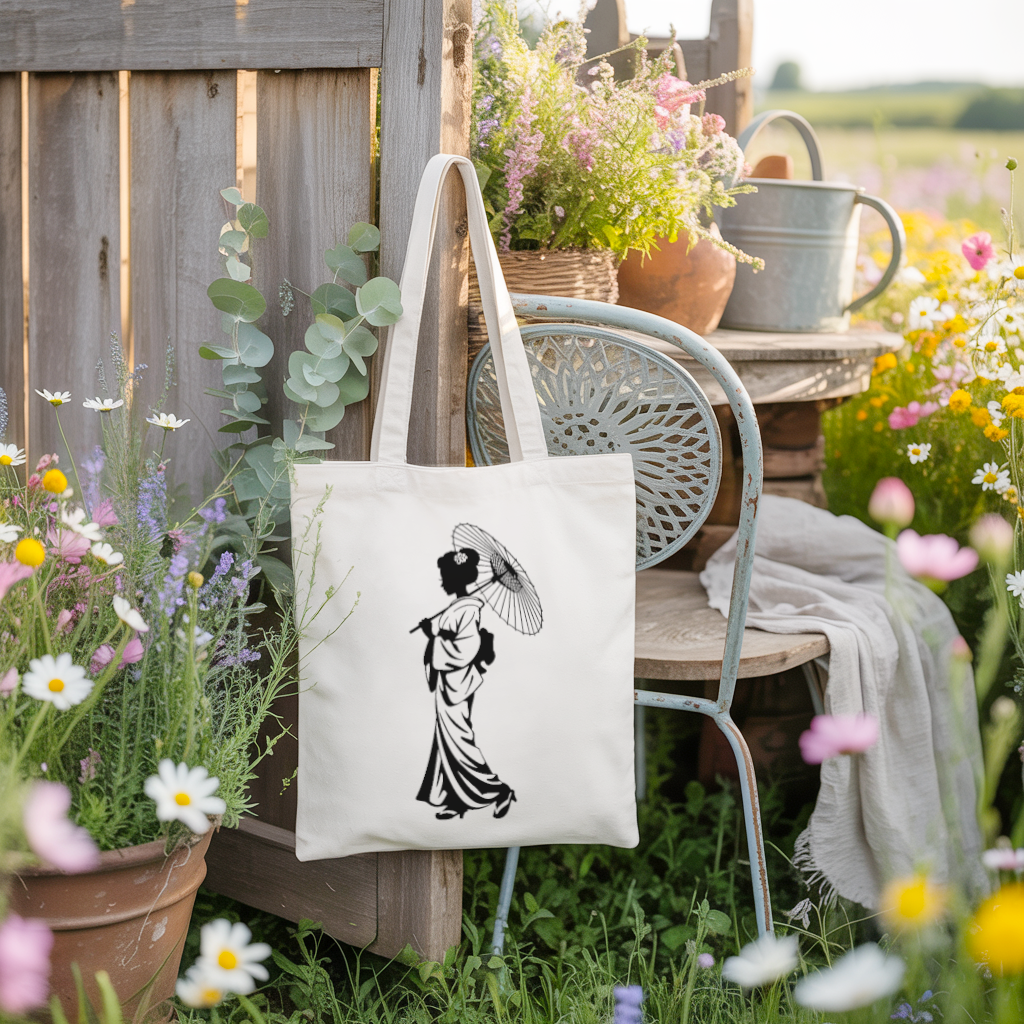 Tote bag femme inspiration japonaise suspendu, silhouette marchant avec ombrelle, flocage - MARJANE et Cie