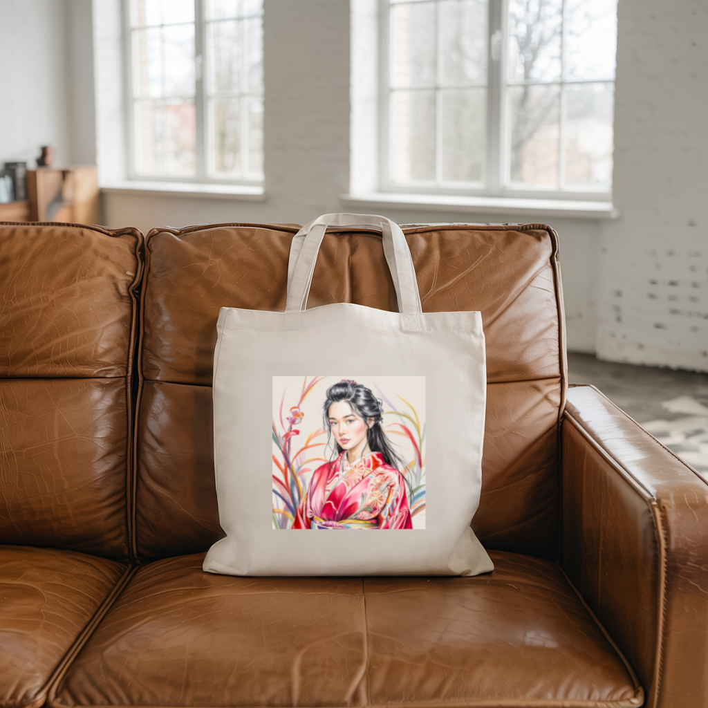 Tote bag femme élégance japonaise avec femme en tenue traditionnelle rouge, posé dans un intérieur - MARJANE et Cie