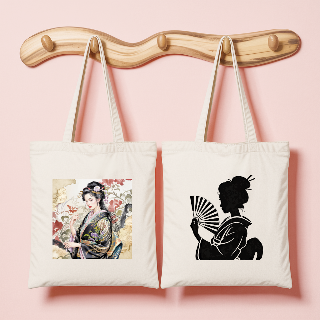 Tote bag femme inspiration japonaise avec portrait en tenue traditionnelle noire et silhouette à l’éventail en noir et blanc - MARJANE et Cie