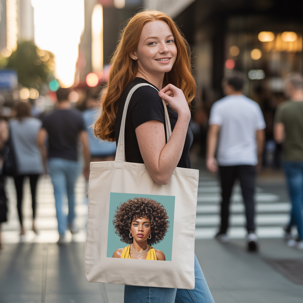 Tote bag femme avec portrait féminin affirmé porté par une femme - MARJANE et Cie