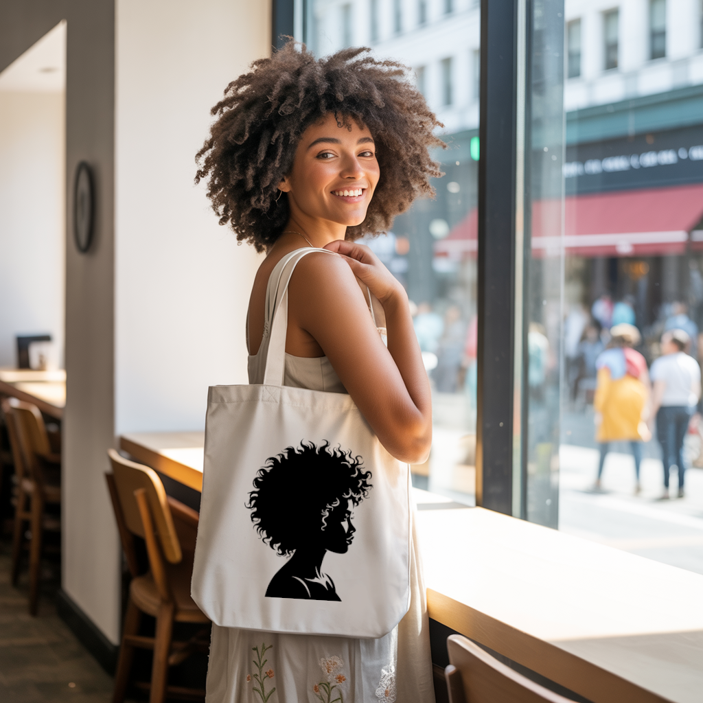 Tote bag femme avec silhouette élégante afro monochrome portée par une femme - MARJANE et Cie