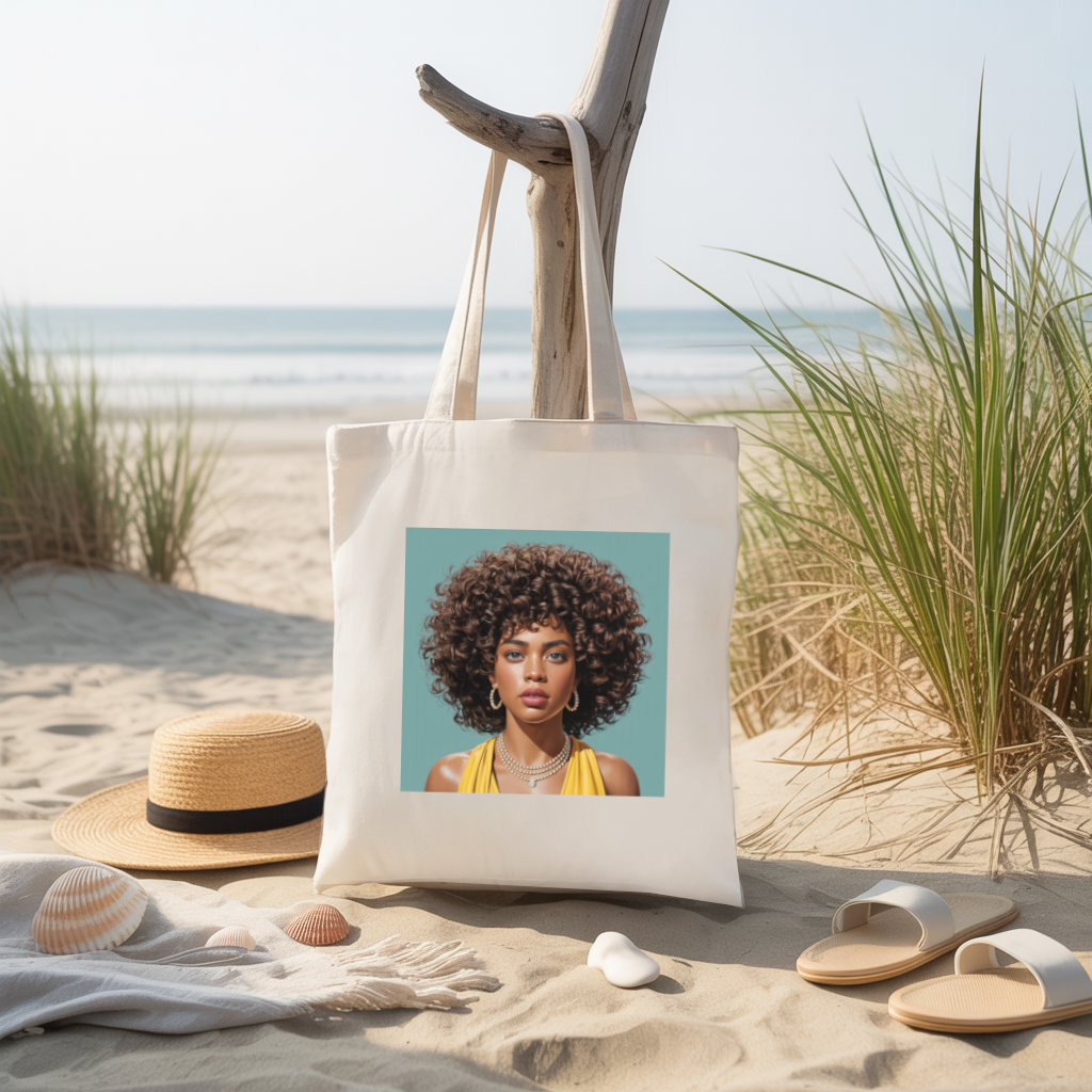 Tote bag femme avec portrait féminin afro au regard affirmé suspendu - MARJANE et Cie