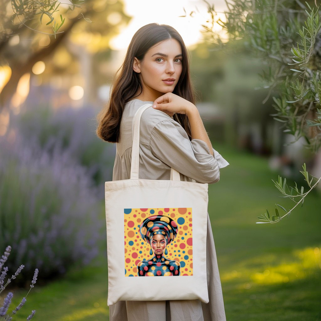 Tote bag femme porté, portrait féminin pop aux couleurs lumineuses - MARJANE et Cie