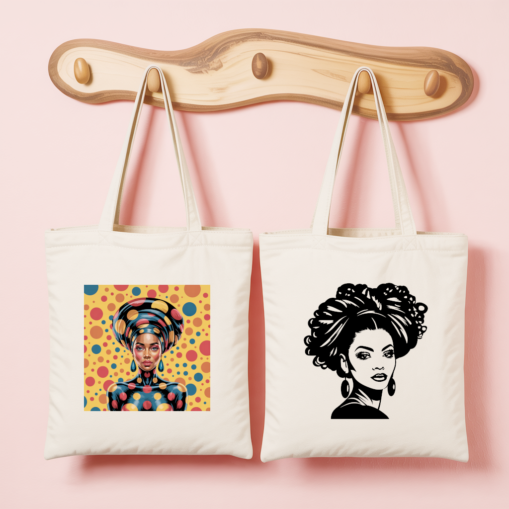 Tote bag femme avec portrait féminin pop en couleur et silhouette affirmée en noir et blanc - MARJANE et Cie