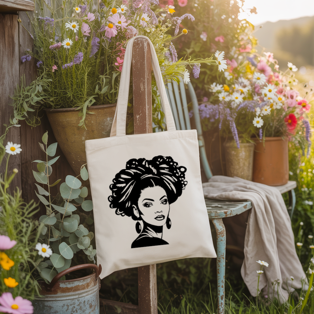 Tote bag femme silhouette puissante suspendu, design monochrome affirmé, flocage noir - MARJANE et Cie