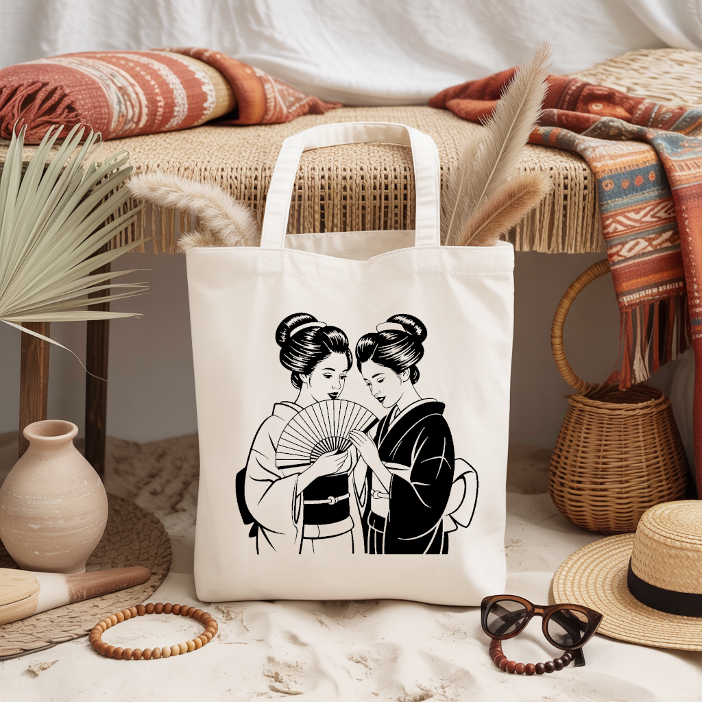 Tote bag femme silhouettes asiatiques derrière un éventail en flocage noir - MARJANE et Cie