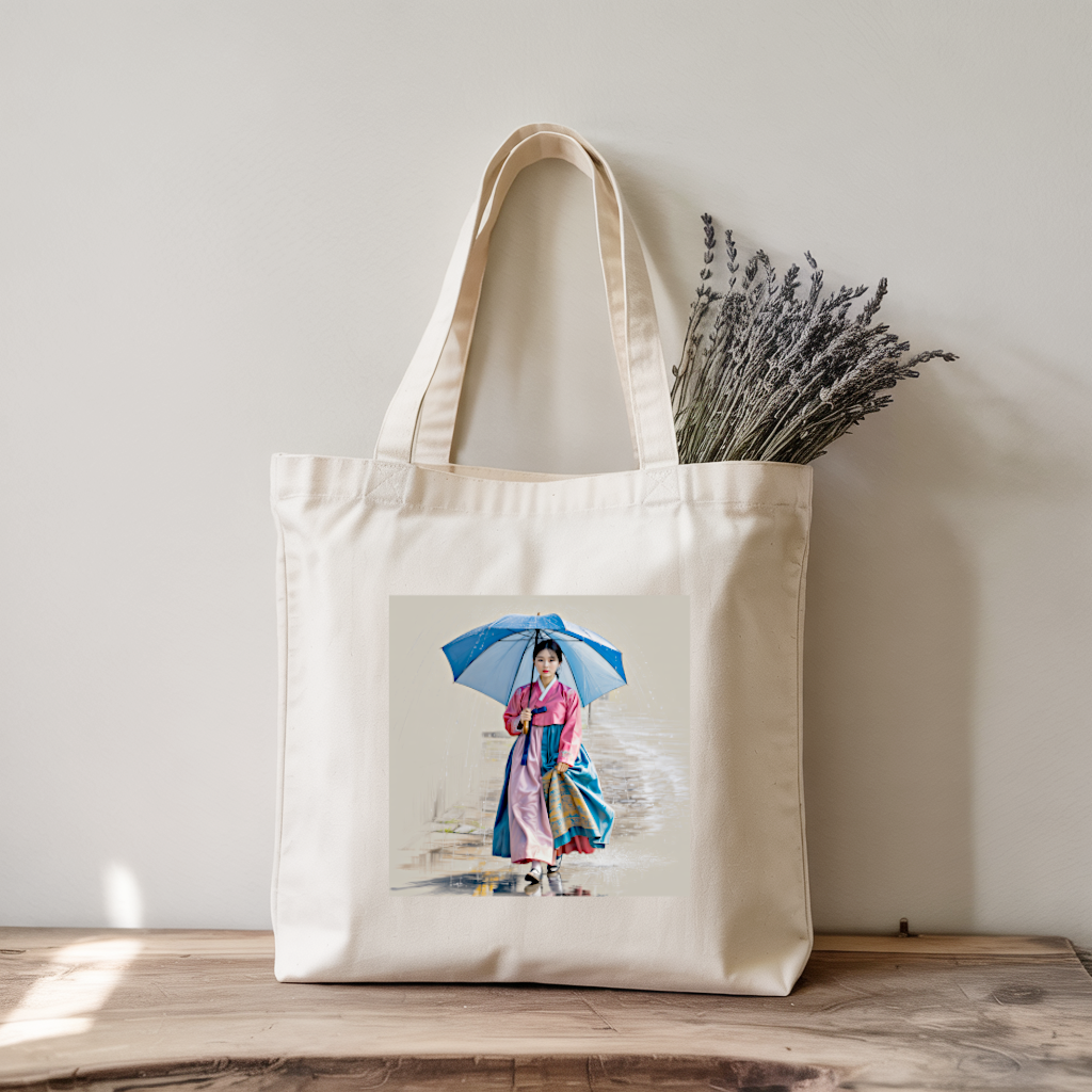 Tote bag femme élégance asiatique avec femme marchant sous la pluie, posé dans un intérieur - MARJANE et Cie