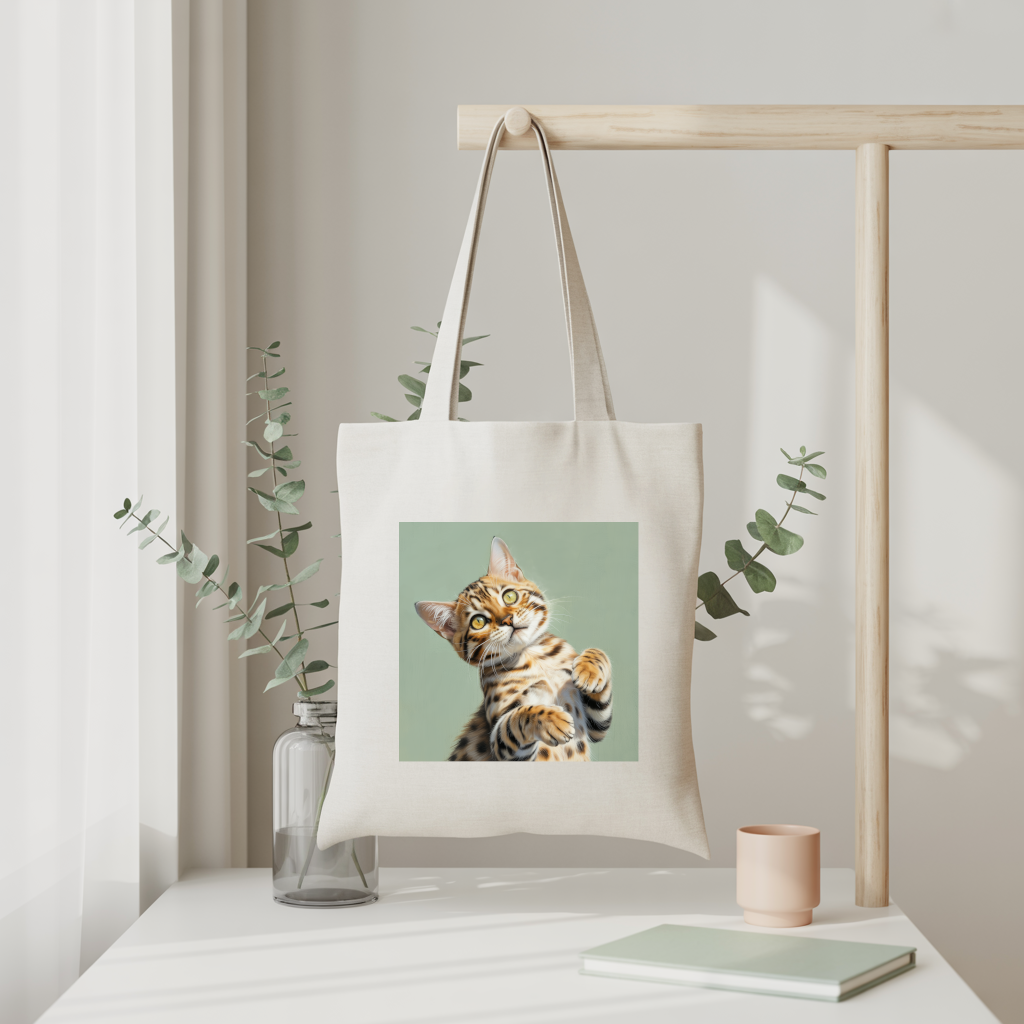 Tote bag chat Bengal femme illustration en couleur suspendu – silhouette féline stylisée – MARJANE et Cie