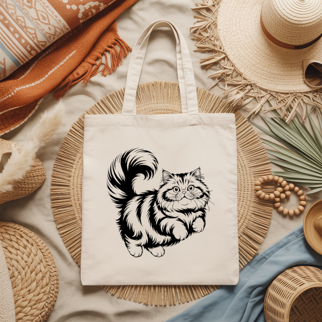 Tote bag chat femme en mouvement monochrome floqué posé à plat, vue de dessus – MARJANE et Cie