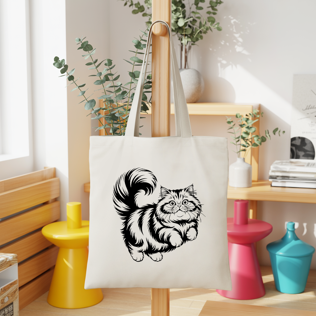 Tote bag chat femme illustration en noir monochrome – silhouette floquée en mouvement – MARJANE et Cie