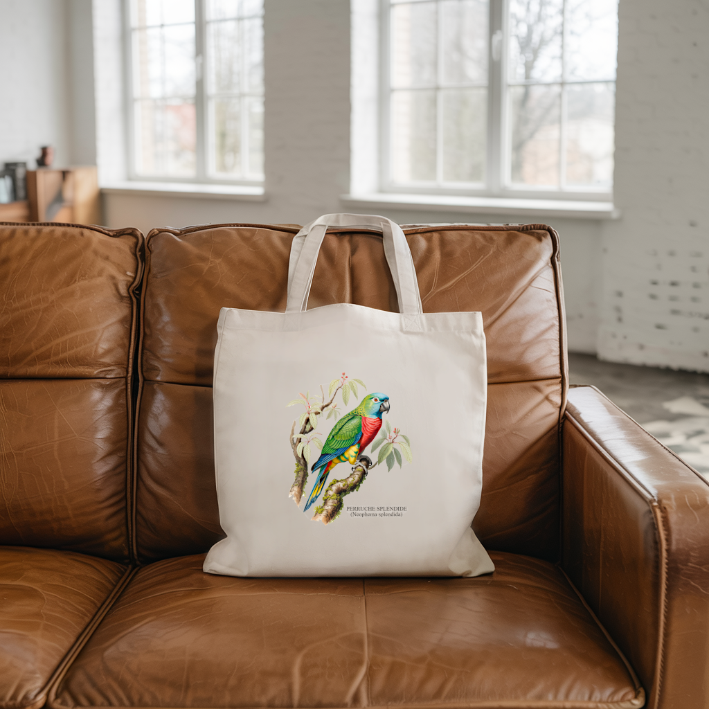 Tote femme illustré d’un oiseau perruche en couleur posé sur un canapé – style naturaliste - MARJANE et Cie