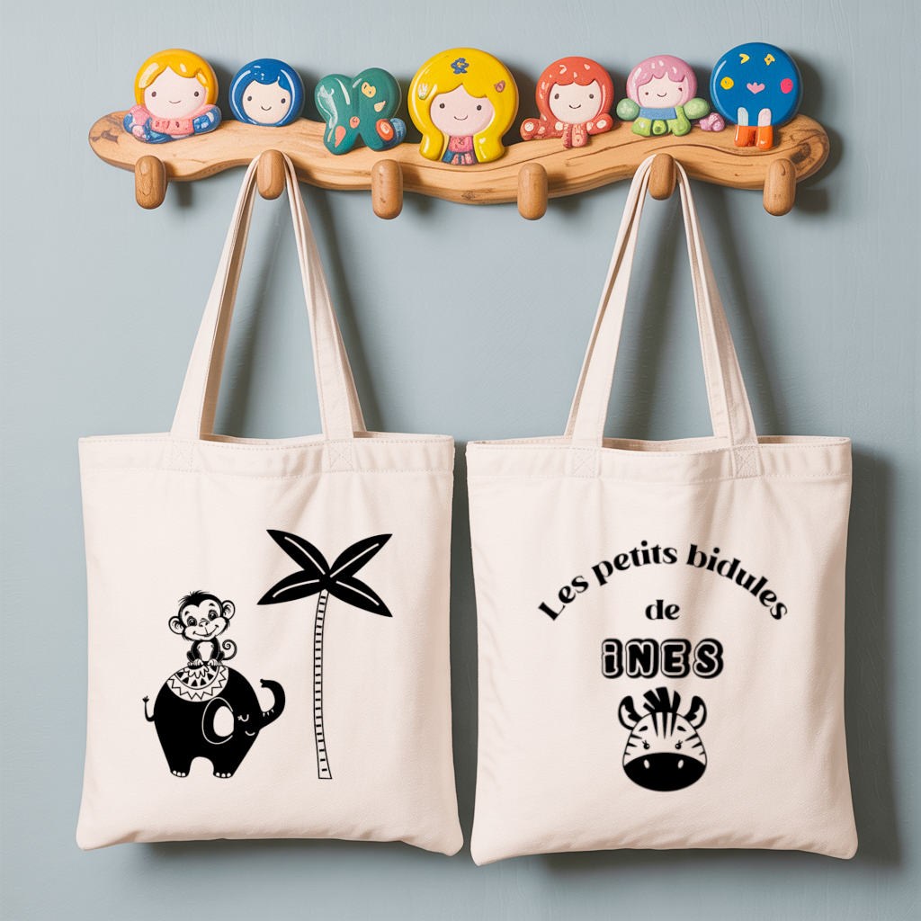 Tote bag bébé personnalisé recto Route vers l’aventure et verso prénom en coton blanc avec flocage couleur - MARJANE et Cie